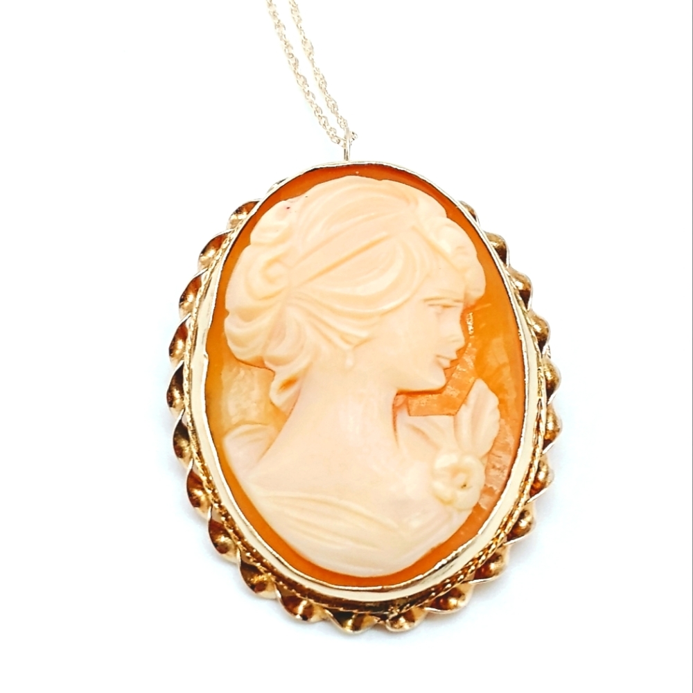 Vintage 14k Carved Shell Cameo Brooch Pendant Necklace - Picture 1 of 9